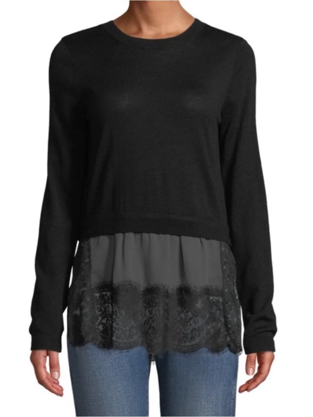 Club Monaco Yahira Wool‎ Sweater with Lace Underlay in Black, Size M
